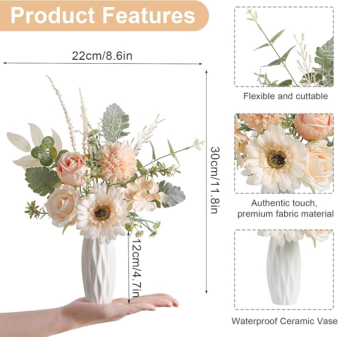 Small 11.8" Artificial Flowers in Ceramic Vase - Champagne Silk Flower Centerpiece for Dining Table, Office, Wedding & Farmhouse, Home Decor Gifts