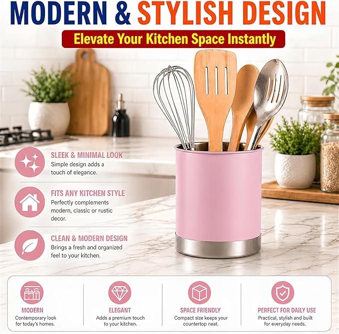 Creative Home Stainless Steel Utensil Holder– 7" Extra Large Cooking Tool Organizer for Kitchen Decor and Countertop Storage, Stable Anti-Tip Design, Durable Powder-Coated Finish, Pink