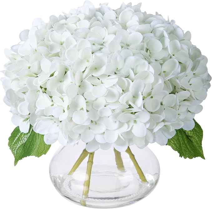 Artificial Hydrangea Flowers Arrangements in Glass Vase for Home Decoration, Faux Hydrangea Flowers for Floral Arrangements with Faux Water Wedding Bouquets Kitchen Table Centerpiece Decor