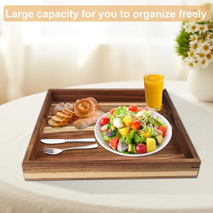 24'' Extra Large Square Wood Tray - Acacia Wood Ottoman Tray with Handles, Rustic Serving Tray for Living Room, Kitchen and Coffee Table, Wooden Trays for Ottoman,Ottoman Table Topper
