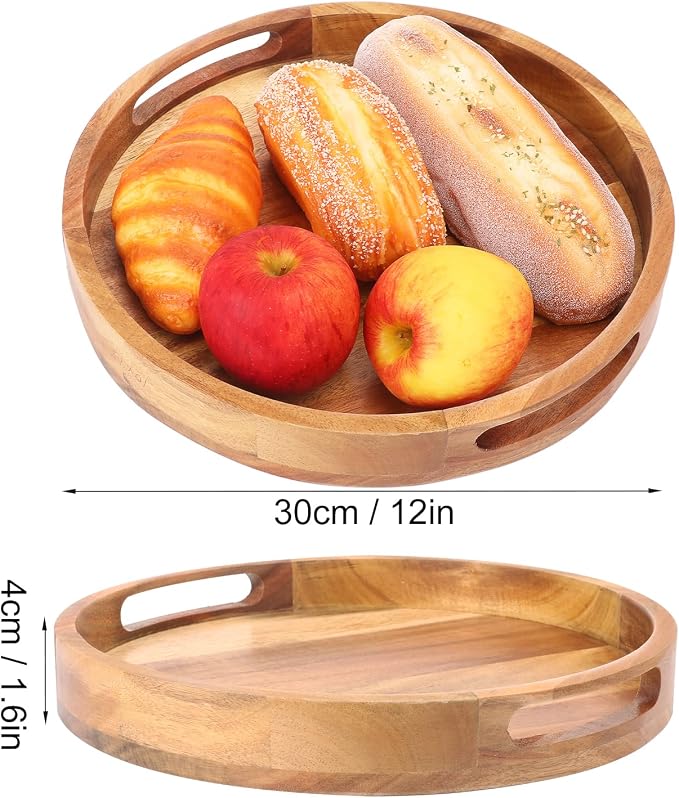 2 PCS Round Serving Acacia Wooden Tray with Handles, Elegant Acacia Wood Tray for Decor, Decorative Serving Tray, Coffee Table Decor for Living Room, Home Dining (12 x 12 x 1.6 inches)