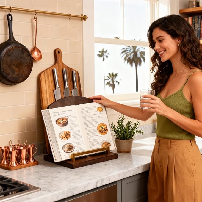 Beautiful Cookbook Stand with Removable Cutting Board,2 in 1 Bamboo Recipe Book Holder,Charcuterie Board & Kitchen Serving Tray,Durable Cook Book Holder Stand Easily Keeps Cook or Recipe Books Open