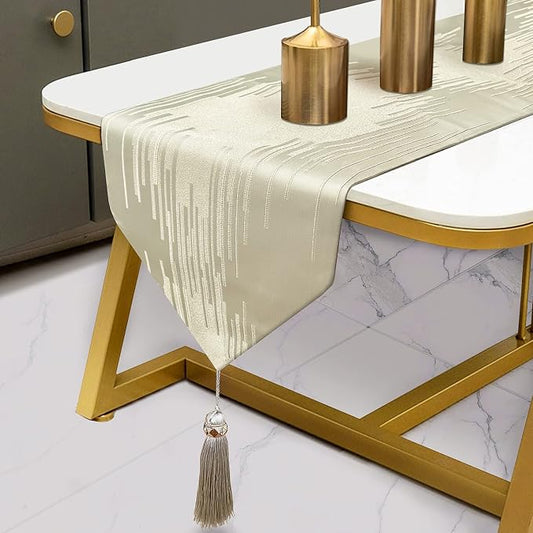 Beige Table Runner 120 Inches Long Abstract Lines Geometric Table Runners with Ring Stylish Tassels for Living Room Bedroom Holidays Events Dinner Dresser Art Decor