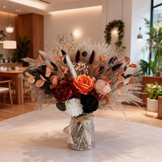 Vase with Artificial Flower Arrangemets Centerpieces for Dining Table Decorations,Faux Dried Pampas Grass Floral Decor, Fake Flowers in Vase for Home,Kitchen,Rustic Decoration(Orange)