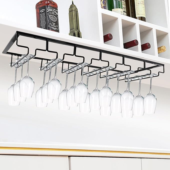 MOCOUM Wine Glasses Rack Under Cabinet Stemware Rack,Wine Glass Hanger Rack Wire Wine Glass Holder Storage Hanger for Cabinet Kitchen Bar (Black, 6 Rows 2 Pack)