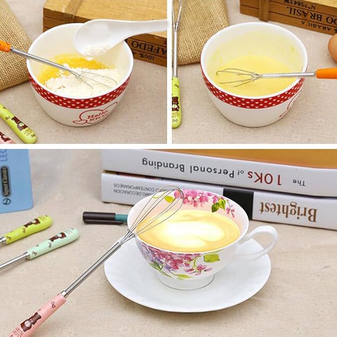 Verdental 4 Pieces 7 Inches Colorful Small Stainless Steel Whisks with Cute Cartoon Bear Handle Design Little Balloon Whisk for Mixing and Beating Eggs