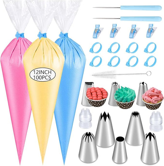 125PCS Piping Bags Tips Set, Thicken Pastry Bags Disposable 12 Inch 100PCS with 8 Icing Bag Ties and 8 Frosting Tips, 1 Brush 4 Bag Clips 2 Scriber Needle for Cake Cookie Cupcakes