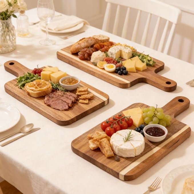 6 Pcs Acacia Wood Cutting Board with Handle, Large Charcuterie Boards Bulk, 15 x 7 inch Wooden Cutting Boards Bulk for Kitchen, Cheese Serving Board for Vegetables Meat Pizza Fruit Bread