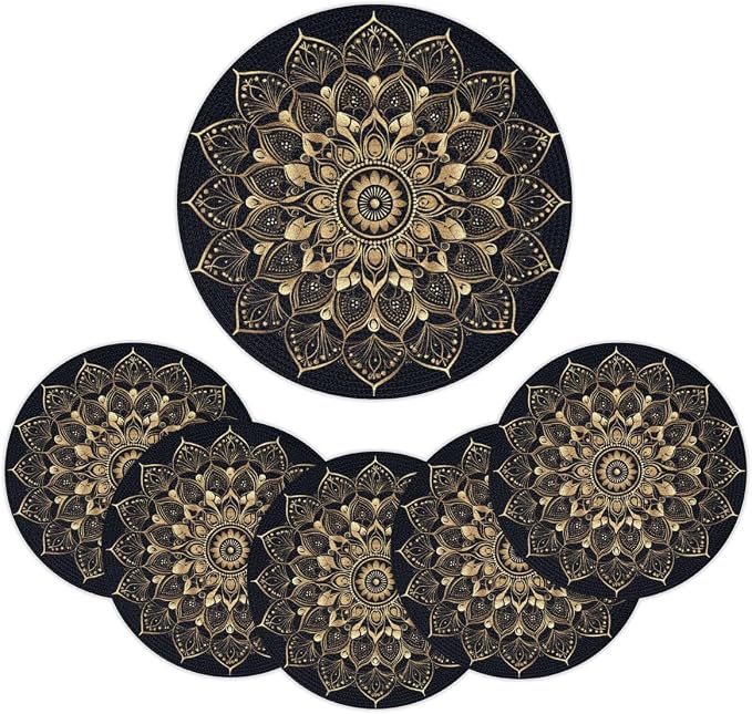 Round Placemats Set of 4, Bohemian Mandala Woven Placemats Mats Non-Slip Heat Resistant Washable Table Mats Round Braided Place for Farmhouse Kitchen Dining Party Decor 15in