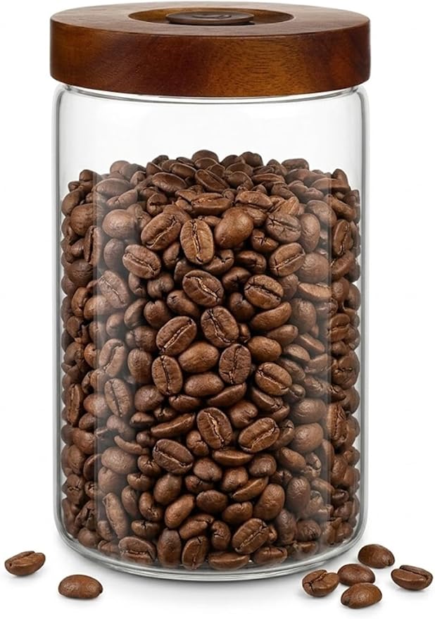 Coffee Canister, 14oz Airtight Coffee Bean Container with Wood Lid | True 14oz Capacity for Whole Beans, One-way Valve Glass Jar with Airtight Wood Lid for Coffee, Tea, Sugar, Spices, and Snacks