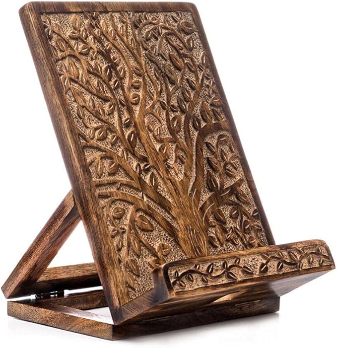Hand-Carved Tree of Life Cookbook Stand - Adjustable & Foldable Reading Holder/Kitchen/Office/Desk