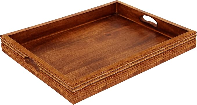 Croft&Cane Solid Wood Serving Tray - 17 x 13 Inch Rectangular Decorative Ottoman Tray - Hand-Carved Ribbed Design - Natural Wood Food Tray with Handles for Coffee Table, Kitchen, Breakfast, Décor