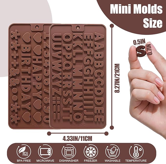 2pcs Silicone Letter Mold and Number Chocolate Molds with Happy Birthday Cake Decorations Symbols,Small Mini Size for Alphabet Decorating Strawberries Lollipop Fondant, Heart Shaped Gift Choice
