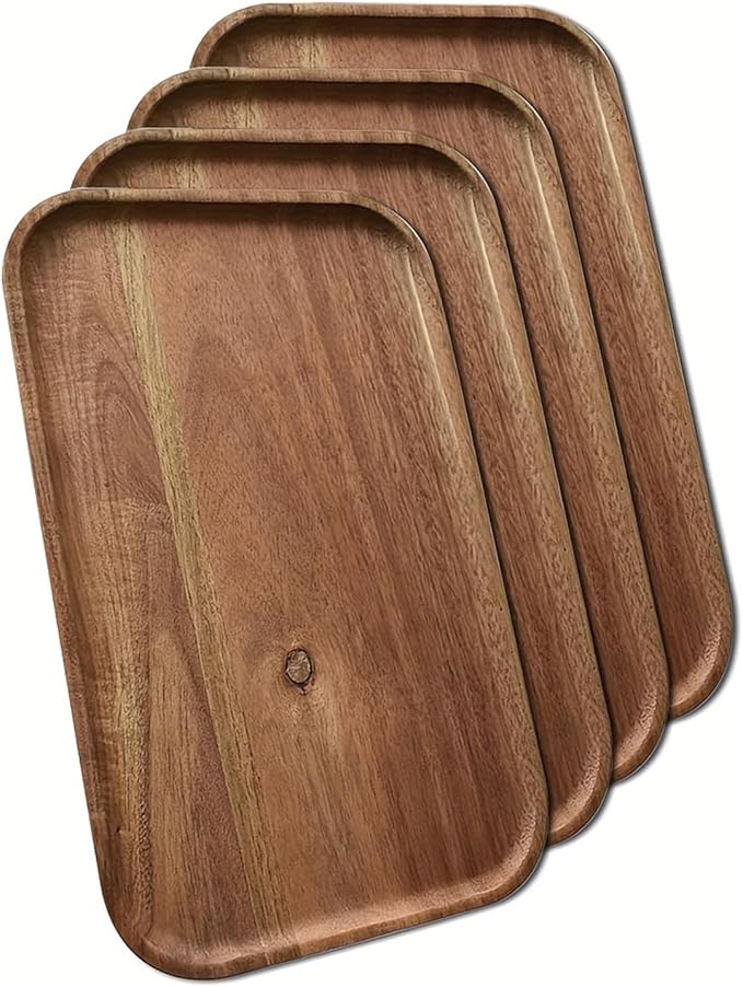 Wooden Server Trays,Acacia Wood Plate,Rectangular Dessert Platter for Cookie,Beef,Chicken,Dessert, Party, Food,Snack Appetizer, Kitchen Platter,Plates,Cheese Board(11.8"X7.9"-4pcs)
