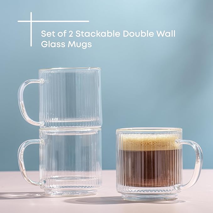 JoyJolt Haven Stackable Fluted Glass Mugs, Set of 2 Ribbed Double Wall Insulated Coffee Cups, 13.5oz Clear Mugs
