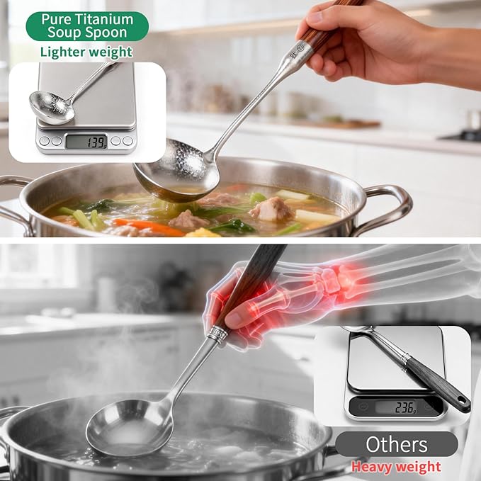 Newness Soup Ladle, [Rustproof, Heat Resistance] Resilient Pure Titanium Soup Spoon with Long Ergonomic Natural Wooden Round Handle, Non-Toxic Cooking Spoon for Kitchen, 14.56 Inches