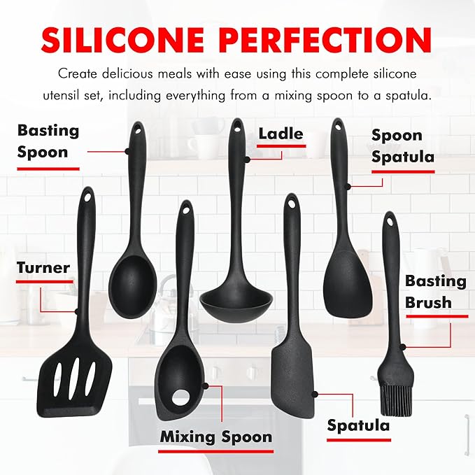 Chef Craft - Premium Silicone Kitchen Tools and Utensils Set, Non-Scratch, Withstands Temperatures up to 450°F, BPA-Free, 7 Piece Cooking Utensils Set, Black