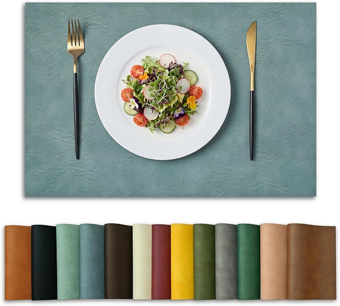 Artoid Mode Blue Faux Leather Placemats Set of 6, 12x18 Inch Waterproof Wipeable Heat Resistant Vinyl Place Mats, Reversible Table Mats for Winter Kitchen Dining Decor