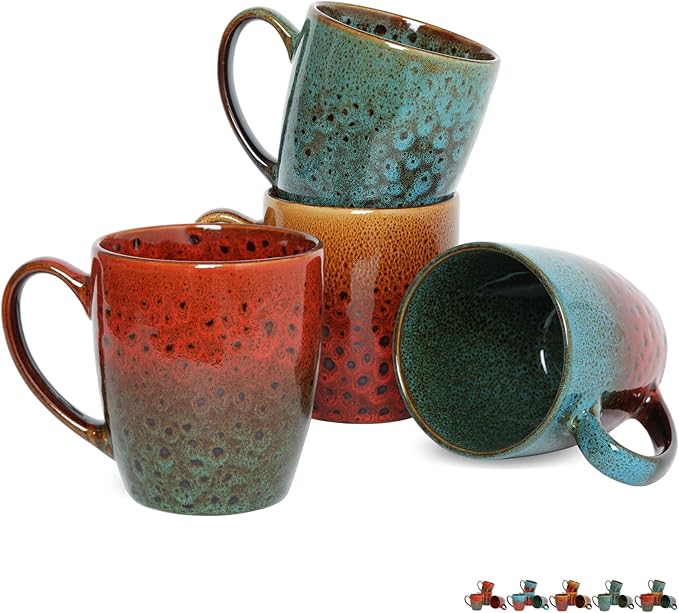 Bosmarlin Ceramic Coffee Mug Set of 4, 17 Oz, Coffee Cups with Big Handle, Microwave Safe, Unique Reactive Glaze (Multicolor)