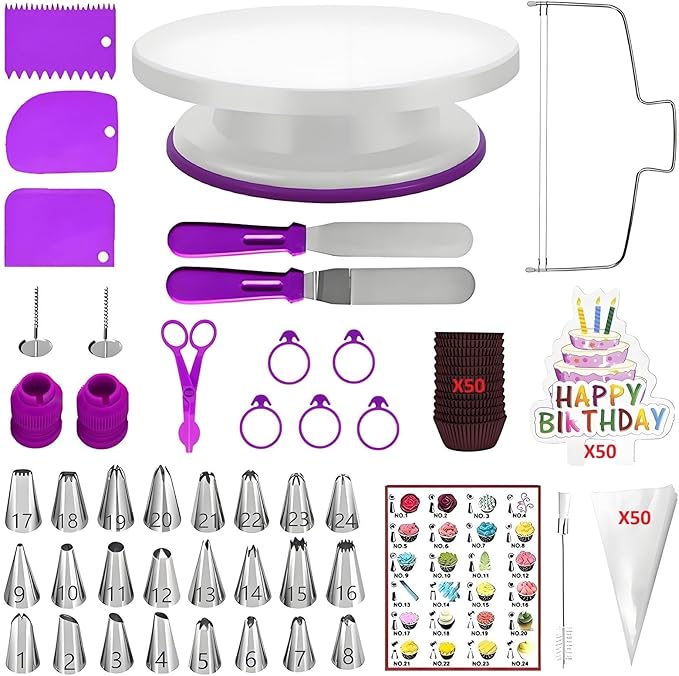 ANSLYQA Cake Decorating Kit, 193 Pcs with Cake Turntable, Leveler, 24 Numbered Icing Tips, 2 Spatulas, 2 Couplers, 3 Scrapers, 50 Pastry Bags, 50 Paper Cupcake Liners & More Baking Tools, (Purple)