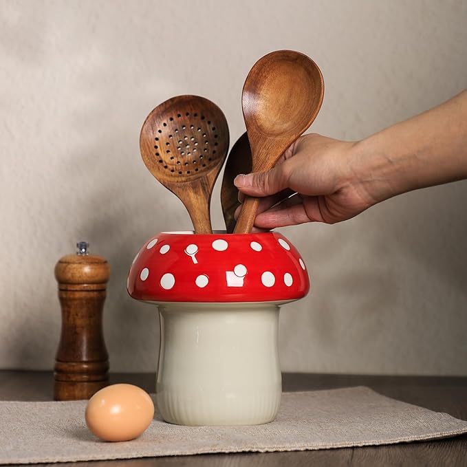 Mushroom Shaped Ceramic Kitchen Utensil Holder, Large Cooking Utensil Crocks for Kitchen Countertop, Ceramic Utensil Organizer for Spatula, Kitchen, Home Decoration-Red