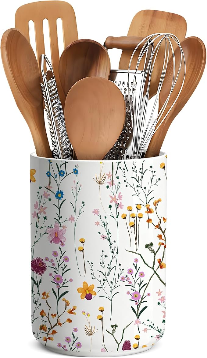 Wildflowers Utensil Holder,Countertop Ceramic Utensil Holder,Large Cooking Utensil Crocks for Kitchen Counter Decor,Ceramic Vase for Kitchen Utensils, H6.3 xD4.7(Wildflowers)