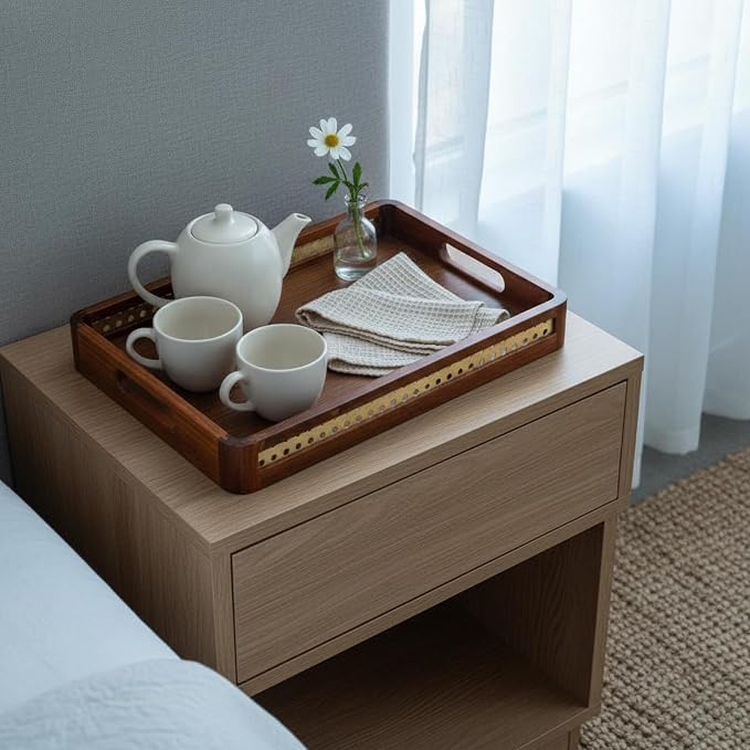 Wooden Tray with Handles Metal Handle Wooden Serving Tray Home, Grid Wooden Handle, Small 30 23 5cm