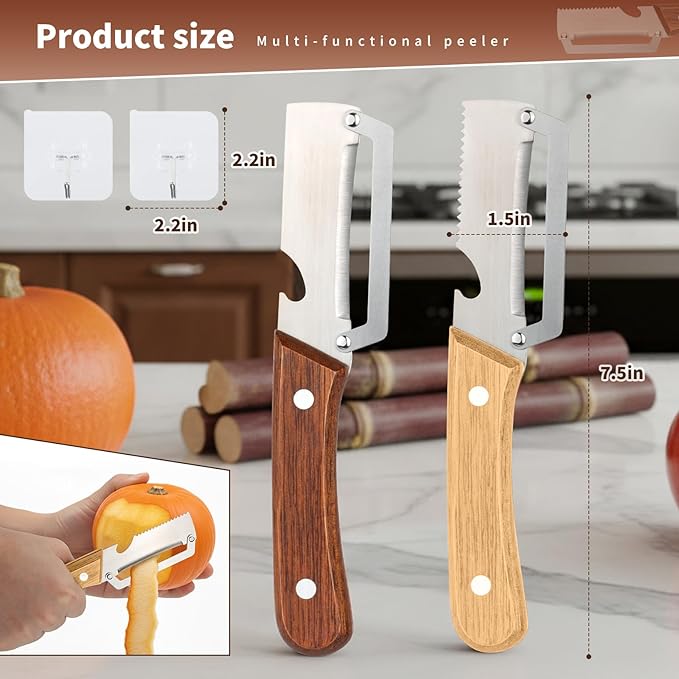 2Pcs Multi-Functional Vegetable Peeler for Kitchen, Premium Vegetable Peeler with Bottle Opener and Wooden Handle,Stainless Steel Blade,Kitchen Peeling Tool for Fruits Potatoes Apples Carrots Zucchini