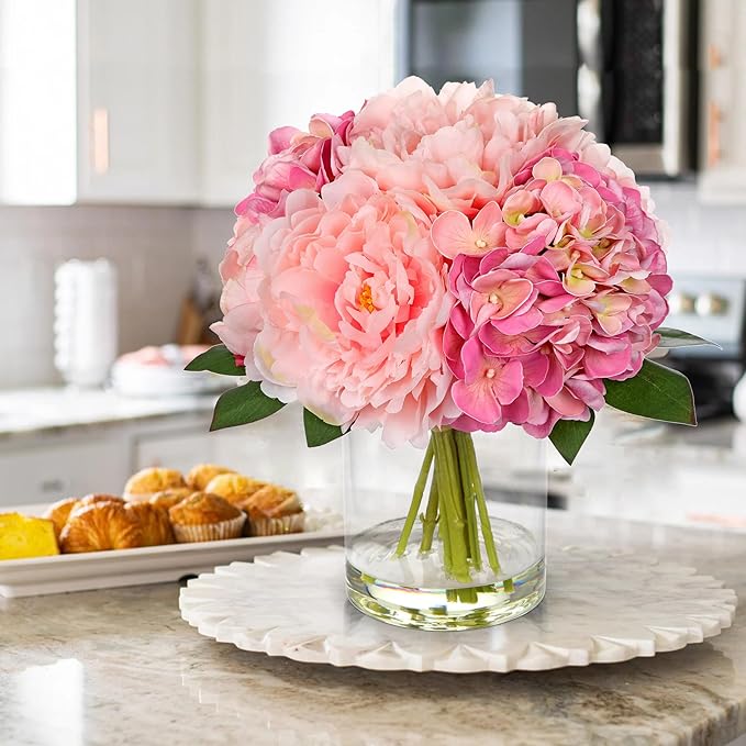 Hollyone Artificial Flowers Arrangements in Vase Pink Peonies and Hydrangea with Faux Water Faux Peony Hydrangea Flowers Silk Hydrangeas Fake Flower with Vase for Table Centerpiece Shelf Home Decor