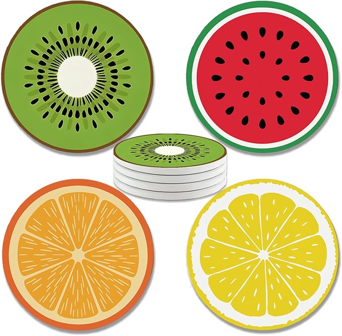 zcyhtqp Funny Absorbent Round Ceramic Stone Coasters Set of 4 with Cork Base, Funny Fruits Design for Home, Kitchen, Bar, Coffee Table, Office Table Decor