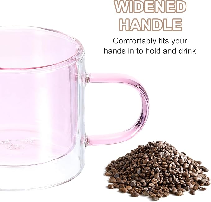 uxcell 8.4 oz Double Wall Glass Coffee Mugs, Glass Tea Cup with Widened Handles for Espresso Coffee, Cappuccino, Tea Bag, Latte, Hot Cold Beverages, Juice, Pink