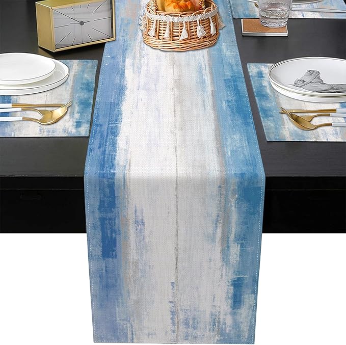 Emvency Navy Blue White Abstract Table Runner and Placemats Set of 6,Vintage Retro Painting Watercolor Modern Art Dining Decor for Daily Use(1 Table Runner 72 inches Long and 6 Placemats)