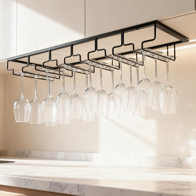 MOCOUM Wine Glasses Rack Under Cabinet Stemware Rack,Wine Glass Hanger Rack Wire Wine Glass Holder Storage Hanger for Cabinet Kitchen Bar (Black, 6 Rows 2 Pack)