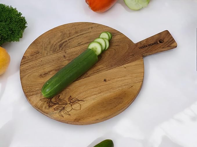 Vesta Homes Wooden Round Cutting Board | 17.5 * 13 Inches | Chopping Board/Serving Board, Platter for Pizza, Vegetables, Fruits and Cheese | Natural Acacia Wood | Handcrafted in India