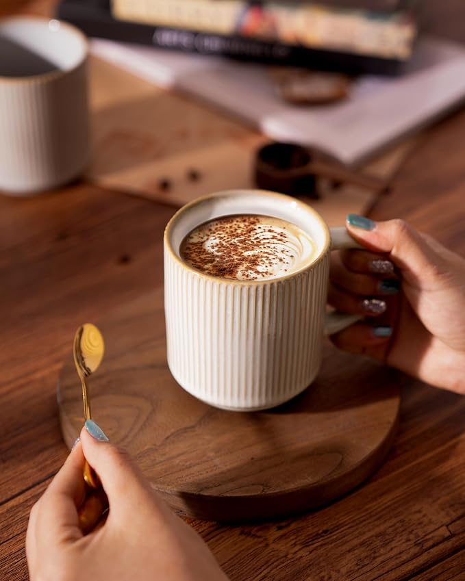 famiware Coffee Mug Set for 4, Star 12 oz Catering Mugs Cup Set with Handle for Coffee, Tea, Cocoa, Milk - Ceramic Stoneware Drinkware Set, Cappuccino White+Smoky Blue