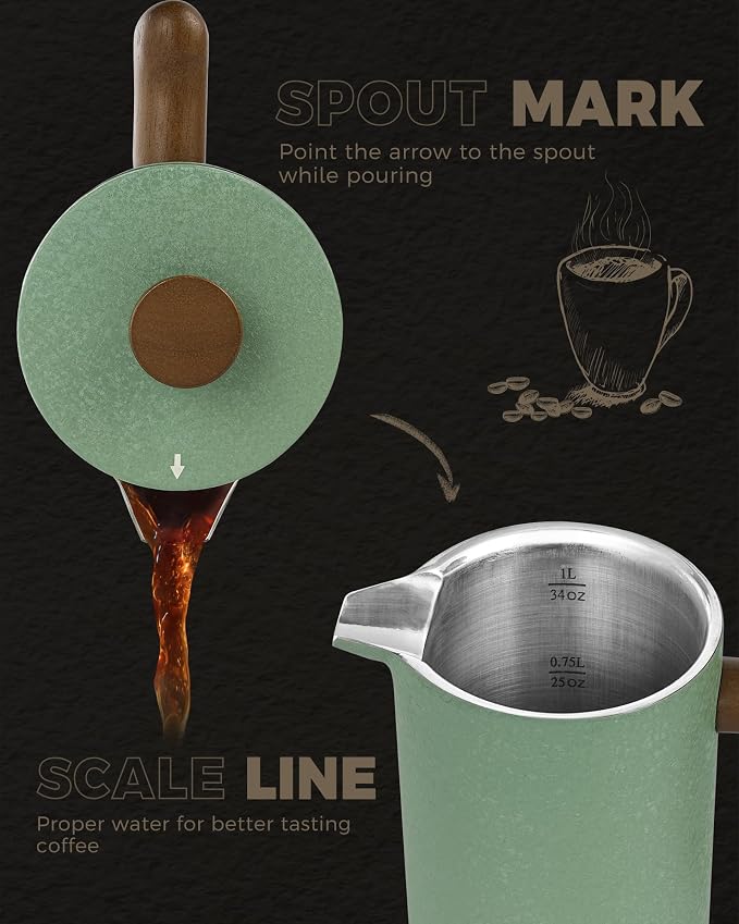POLIVIAR French Press Coffee Maker, 34 oz | Real Wood Handle Coffee Press, Double Wall Insulation, Dual-Filter Screen, Food Grade Stainless Steel, For Coffee and Tea