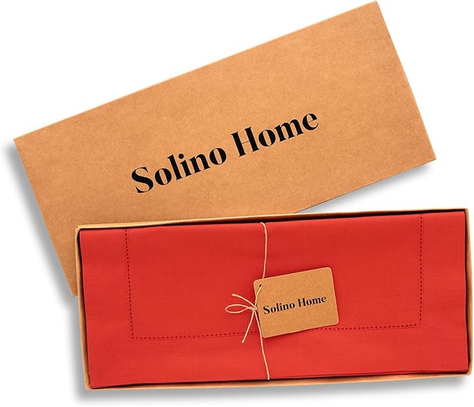 Solino Home Cotton Linen Table Runner 36 Inches - Poppy Red Hemstitch Table Runner 14 x 36 Inch Ideal for Dresser and Coffee Tables, 4th of July