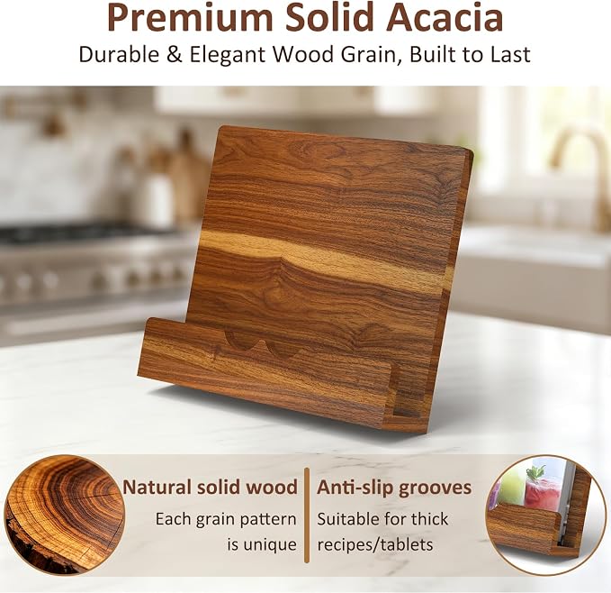 Acacia Wood Cookbook Stand Sturdy Recipe Book Holder for Kitchen Counter, Solid Wood Cook Book Stand for Thick Cookbooks, iPad & Tablets