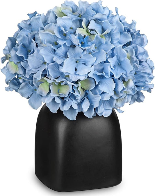 Briful Blue Hydrangea Artificial Flowers in Ceramic Vase, Black Vase Farmhouse Centerpieces for Tables, Dining Table Vase with Fake Flowers for Home Decor Indoor Kitchen Living Room