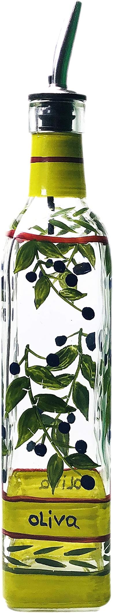Hand Painted Glass Oliva Branch Oil/Vinegar Glass Cruet for Kitchen, 8 oz Olive Oil Dispenser With Stainless Steel Spout for Easy Pouring