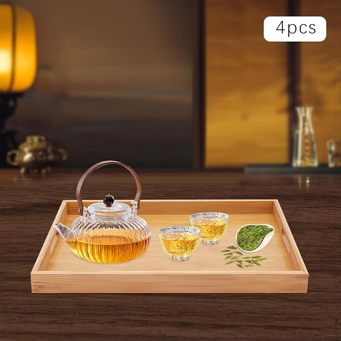 4 Pack Large Serving Trays with Handles Wooden Tray for Food Dinner Breakfast Portable Decorative Wood Plate for Kitchen Living Room