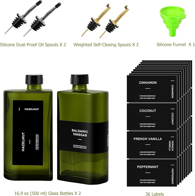 R DRURLCD 2 Pack UV-Protected Green Glass Olive Oil Dispenser Bottle Set,17 oz/500ml Curved Oil and Vinegar Stainless Steel Pourers,Funnel,Labels, Soy Sauce, Coffee Syrup Bottles for Kitchen
