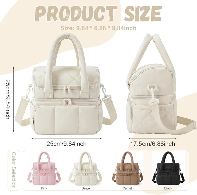 Nanxson Women Lunch Bag Double Deck Insulated Lunch Tote Bag Leakproof Quilted Puffer Lunch Box Reusable Lunch Cooler with Adjustable Strap For Work Picnic Travel Outdoor (10.9L, Beige)