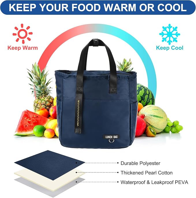 PATIKIL Insulated Lunch Bag Reusable Large Lunch Bag for Women & Men Thermal Lunch Box Leakproof Cooler Tote Bag with Side Pockets for Adults Picnic Office Work, Cyan (10.6"x6"x11")