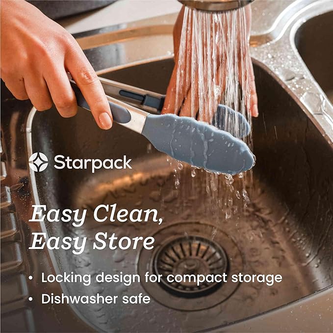 Starpack Get a Grip Silicone Kitchen Tongs (9 Inch) - LFGB Non Toxic, 600°F Heat Resistant, BPA-Free - Heavy-Duty Stainless Steel, Locking - Dishwasher Safe for Nonstick Cookware Light Blue