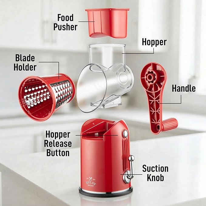 Zulay Kitchen Rotary Cheese Grater 5 Blade Cheese Shredder - Manual Hand Crank Cheese Grater With Reinforced Suction & 5 Interchangeable Drums - Easy to Use, Vegetable Chopper Round Mandoline Slicer