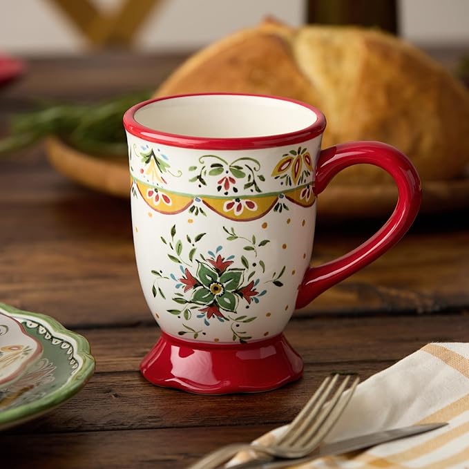 Provence 18 oz. Mugs Set of 4 – Assorted French Country Designs – Rustic Farmhouse Coffee & Tea Cups – Printed Folk Art Style for Kitchen, Dining, Cocoa, and Hot Drinks
