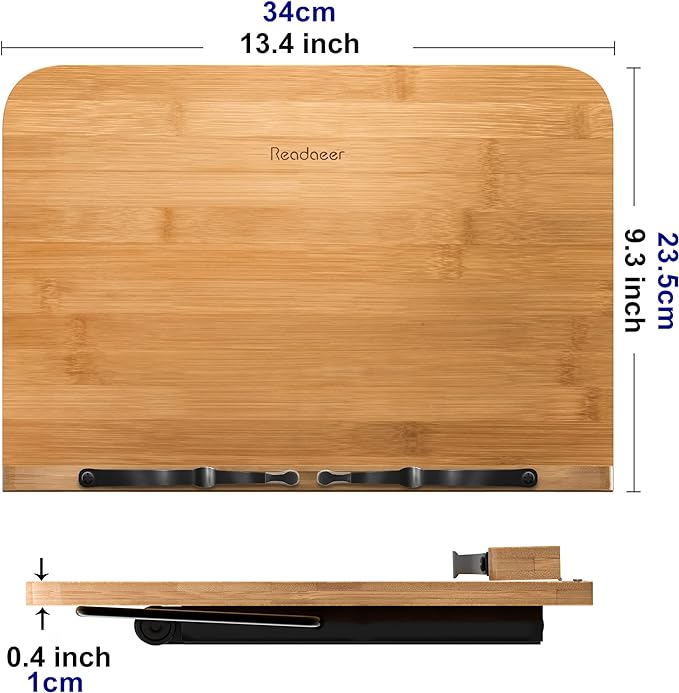 Readaeer Bamboo Book Stand, Large Book Holder with 6 Adjustable Height, Foldable Cookbook Stand Desktop Document Holder for Kitchen & Office (13.4 x 9.3 Inch)