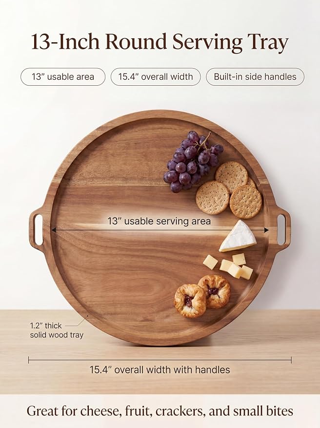 Premium Acacia Wood Round Charcuterie Board, 13 Inch Snack Board with Side Handles, Wooden Cheese Board and Serving Platter for Appetizers, Bread, Fruit and Snacks