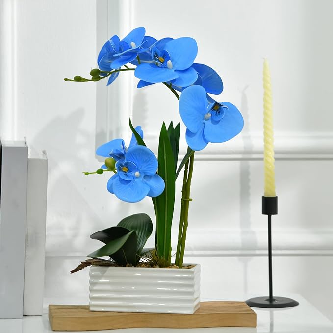 Artificial Real Touch Orchid Flowers in Pot Fake Phalaenopsis Flower with White Ceramic Vase Faux Orchids Arrangement for Home Table Office Wedding Party Decoration (Blue)